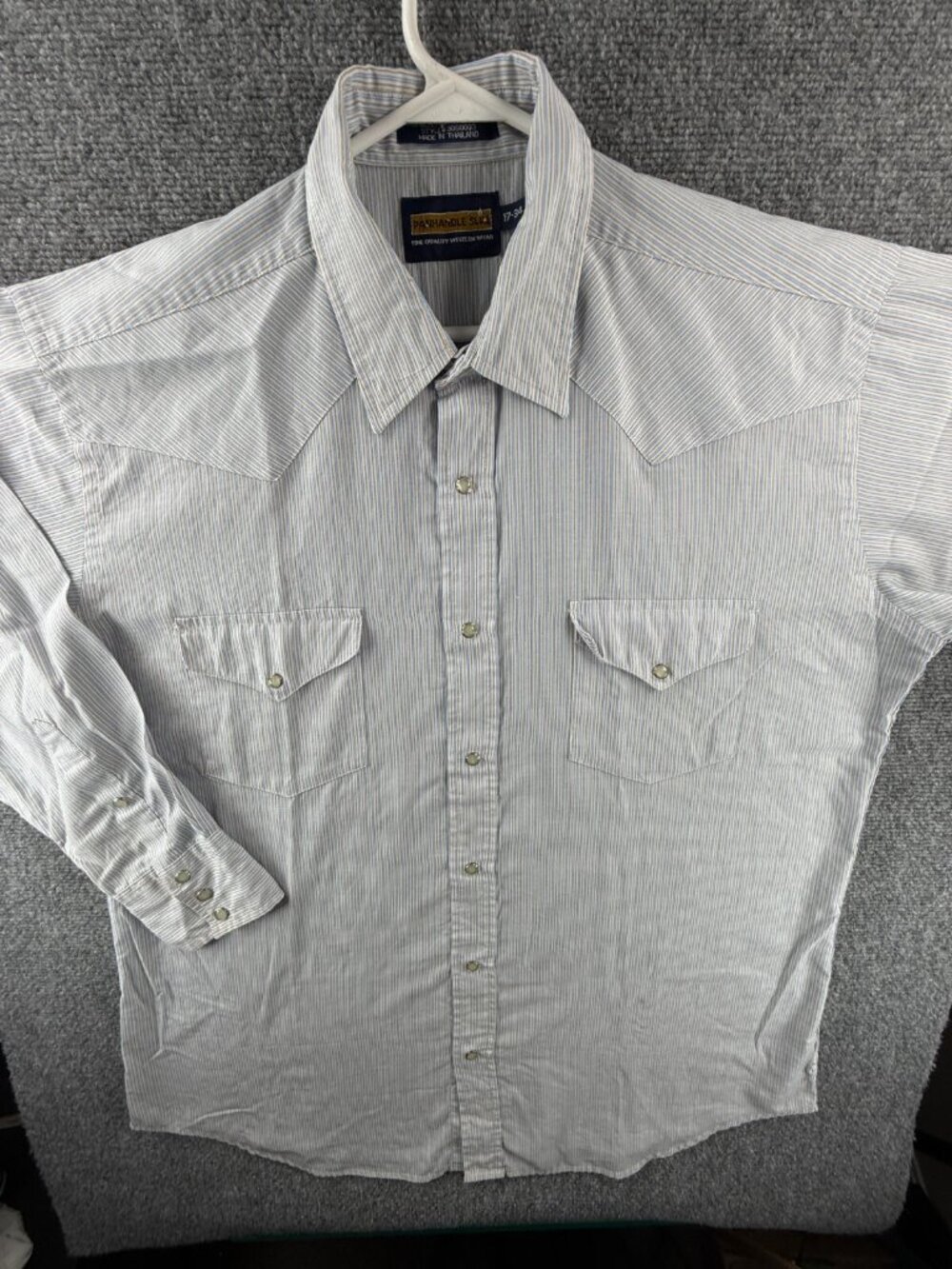 Panhandle Slim Pearl Snap Western Shirt Striped Blue Beige 17 34 Point Collar